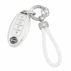 Discount ???? UHONSN For Nissan Key Fob Cover 4 Button Auto Start Soft TPU Smart Keyless Case Keys Protector Chain Cute Car Accessories Girly White ⌛