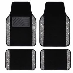 Best Pirce ???? Hining Rhinestones Carpet, Bling Crystal Diamond Sparkly Glitter Car Floor Mats With Anti-Slip PVC Heel Pad Automotive Universal For SUV,Sedan,Car,Van,4pcs For Girl ???? Women (Black Silver) ⌛