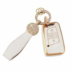 Best Pirce ???? Car Key Cover For Volkswagen Jetta Tiguan Atlas Arteon Taos TPU Soft Keys Fob Case Shell Glitter Keychain Keys Accessories White Gold Girl ???? Women ⭐