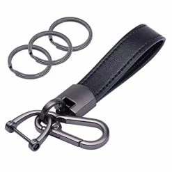 Hot Sale ???? Genuine Leather Car Keychain, Universal Key Fob Keychain Leather Key Chain Holder For Men And ???? Women, 360 Degree Rotatable, With Anti-lost D-ring, 3 Keyrings - Black (Carabiner Clip) ????