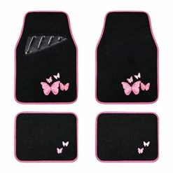 Cheapest ⭐ Universal Fit Butterfly Carpet Car Floor Mats With Heel Pad Fit For Sedan, SUVs, Truck, Vans Set Of 4 (Black And Pink) Black & Min ????