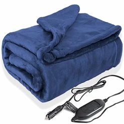 Coupon ???? Machine Washable Car Heated Blanket 12 Volt Electric Blanket Flannel Heating Throw Plug In For Car With Controller 3 Heating Level 55x40 Inch Navy Blue ????