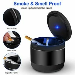 Best deal ⭐ Car Ashtray, Detachable Portable Ashtray With Blue LED Light And Lid, Stainless Cigarette Ashtray For Vehicles Cup Holder Car Accessories Or Indoor Outdoor Travel Use (Mini Size, Black) Gr ???? -Car Seat Covers shop 41qYS41eLUL