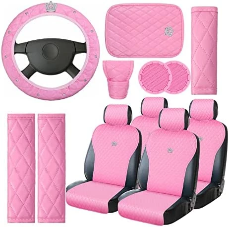 New ???? Tallew Pink Car Accessories Set Car Seat Covers Full Set Steering Wheel Cover Headrest Cover Center Console Pad Cup Cup Holders Seat Belt Pads Gear Cover For ???? Women Girl Car Interior Decor (Front Set) ???? 11 New ???? Tallew Pink Car Accessories Set Car Seat Covers Full Set Steering Wheel Cover Headrest Cover Center Console Pad Cup Cup Holders Seat Belt Pads Gear Cover For ???? Women Girl Car Interior Decor (Front Set) ???? - Image 9
