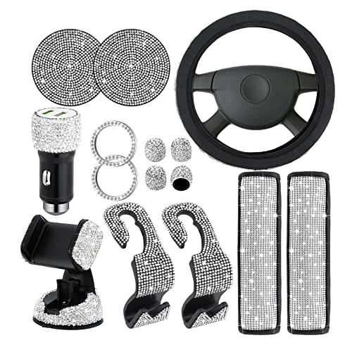 Best Sale ???? Tallew 16Pcs Car Accessories Set,Bling Steering Wheel Cover 2 Seat Belt Covers 2 Crystal Car Seat Hooks 4 Valve Stem Caps Bling License Plate Holder 2 Holder 2 Sticker Phone Holder Car USB Charger ???? 6 Best Sale ???? Tallew 16Pcs Car Accessories Set,Bling Steering Wheel Cover 2 Seat Belt Covers 2 Crystal Car Seat Hooks 4 Valve Stem Caps Bling License Plate Holder 2 Holder 2 Sticker Phone Holder Car USB Charger ???? - Image 4