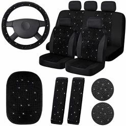 Best reviews of ✨ 15 Pieces Bling Velvet Fabric Car Seat Covers Full Set Black Bling Car Accessories For ???? Women,Diamond Steering Wheel Cover Rhinestone Crystal Seat Belt Cover, Center Console Pad Universal Car Deco ????