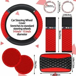 Best Sale ???? Tallew 17 Pcs Black Red Bling Car Accessories Set For ???? Women Leather Steering Wheel Cover Seat Belt Shoulder Pad Armrest Cup Holders Covers Full Crystal Decor Automotive Interior ???? -Car Seat Covers shop 515BctXOHVL
