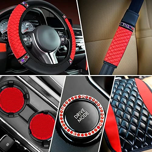 Outlet ???? Bling Car Accessories Set Leather Diamond Steering Wheel Cover Bling Seat Belt Shoulder Pad Armrest Pad Crystal Car Decor Bling Car Cup Holders Travel Auto Cup Holder For Car Interior (Black, Red) ???? 4 Outlet ???? Bling Car Accessories Set Leather Diamond Steering Wheel Cover Bling Seat Belt Shoulder Pad Armrest Pad Crystal Car Decor Bling Car Cup Holders Travel Auto Cup Holder For Car Interior (Black, Red) ???? - Image 2