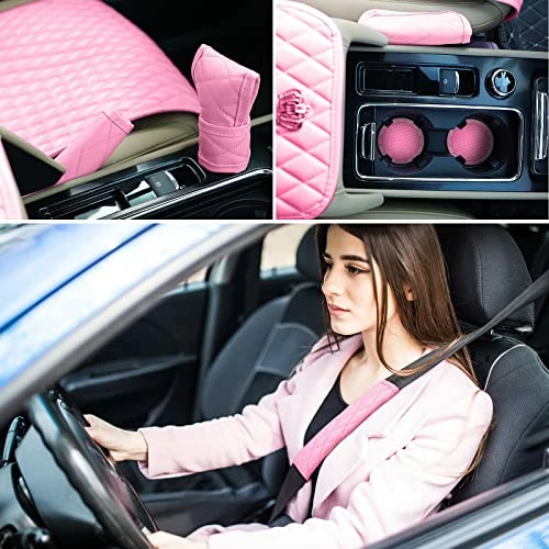 New ???? Tallew Pink Car Accessories Set Car Seat Covers Full Set Steering Wheel Cover Headrest Cover Center Console Pad Cup Cup Holders Seat Belt Pads Gear Cover For ???? Women Girl Car Interior Decor (Front Set) ???? 7 New ???? Tallew Pink Car Accessories Set Car Seat Covers Full Set Steering Wheel Cover Headrest Cover Center Console Pad Cup Cup Holders Seat Belt Pads Gear Cover For ???? Women Girl Car Interior Decor (Front Set) ???? - Image 5