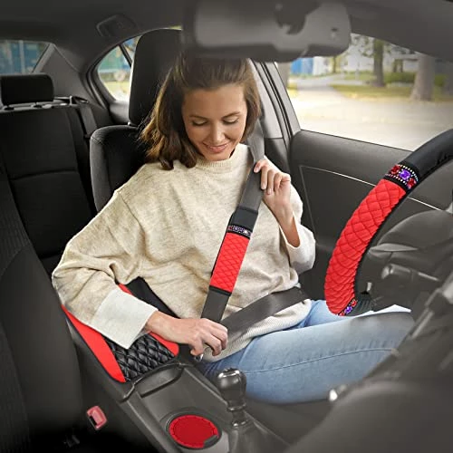 Outlet ???? Bling Car Accessories Set Leather Diamond Steering Wheel Cover Bling Seat Belt Shoulder Pad Armrest Pad Crystal Car Decor Bling Car Cup Holders Travel Auto Cup Holder For Car Interior (Black, Red) ???? 5 Outlet ???? Bling Car Accessories Set Leather Diamond Steering Wheel Cover Bling Seat Belt Shoulder Pad Armrest Pad Crystal Car Decor Bling Car Cup Holders Travel Auto Cup Holder For Car Interior (Black, Red) ???? - Image 3