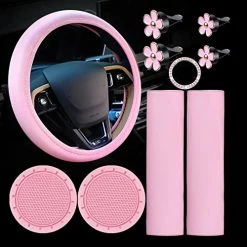 Hot Sale ???? 10 Pcs Leather Steering Wheel Cover For ???? Women Cute Car Accessories Set With Seat Belt Shoulder Pads Seatbelt Covers Cup Holders Bling Start Button Ring Sticker Air Vent Clip Car Accessories(Pink) ????