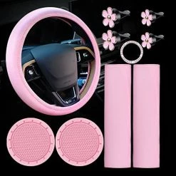 Hot Sale ???? 10 Pcs Leather Steering Wheel Cover For ???? Women Cute Car Accessories Set With Seat Belt Shoulder Pads Seatbelt Covers Cup Holders Bling Start Button Ring Sticker Air Vent Clip Car Accessories(Pink) ???? -Car Seat Covers shop 519EQGnC3nL. AC