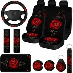 Buy ???? 15 Pcs Rose Art Flower Car Seat Covers Full Set For ???? Women Rubber Steering Wheel Cover Armrest Cover Seatbelt Covers Polyester Fabric Front Seat Rear Backrest Cover Bottom Cover Universal (Red) ???? -Car Seat Covers shop 519sDRyJPYL. AC