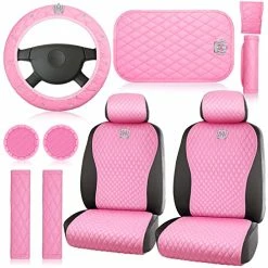 New ???? Tallew Pink Car Accessories Set Car Seat Covers Full Set Steering Wheel Cover Headrest Cover Center Console Pad Cup Cup Holders Seat Belt Pads Gear Cover For ???? Women Girl Car Interior Decor (Front Set) ????