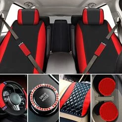 Best Sale ???? Tallew 17 Pcs Black Red Bling Car Accessories Set For ???? Women Leather Steering Wheel Cover Seat Belt Shoulder Pad Armrest Cup Holders Covers Full Crystal Decor Automotive Interior ????