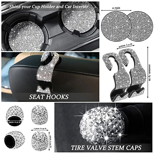 Best Sale ???? Tallew 16Pcs Car Accessories Set,Bling Steering Wheel Cover 2 Seat Belt Covers 2 Crystal Car Seat Hooks 4 Valve Stem Caps Bling License Plate Holder 2 Holder 2 Sticker Phone Holder Car USB Charger ???? 4 Best Sale ???? Tallew 16Pcs Car Accessories Set,Bling Steering Wheel Cover 2 Seat Belt Covers 2 Crystal Car Seat Hooks 4 Valve Stem Caps Bling License Plate Holder 2 Holder 2 Sticker Phone Holder Car USB Charger ???? - Image 2
