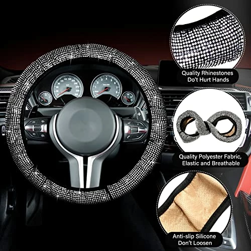Promo ⌛ Frienda 13 Pack Bling Car Seat Covers Set Car Diamond Accessories Rhinestone Crystal Steering Wheel Cover, Bling Velvet Breathable Seat Cover, Glitter Center Console Pad Universal Car Interior White ???? 5 Promo ⌛ Frienda 13 Pack Bling Car Seat Covers Set Car Diamond Accessories Rhinestone Crystal Steering Wheel Cover, Bling Velvet Breathable Seat Cover, Glitter Center Console Pad Universal Car Interior White ???? - Image 3