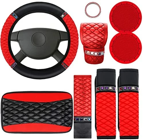 Outlet ???? Bling Car Accessories Set Leather Diamond Steering Wheel Cover Bling Seat Belt Shoulder Pad Armrest Pad Crystal Car Decor Bling Car Cup Holders Travel Auto Cup Holder For Car Interior (Black, Red) ???? 12 Outlet ???? Bling Car Accessories Set Leather Diamond Steering Wheel Cover Bling Seat Belt Shoulder Pad Armrest Pad Crystal Car Decor Bling Car Cup Holders Travel Auto Cup Holder For Car Interior (Black, Red) ???? - Image 10