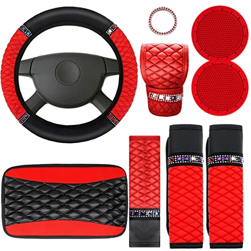 Outlet ???? Bling Car Accessories Set Leather Diamond Steering Wheel Cover Bling Seat Belt Shoulder Pad Armrest Pad Crystal Car Decor Bling Car Cup Holders Travel Auto Cup Holder For Car Interior (Black, Red) ???? 3 Outlet ???? Bling Car Accessories Set Leather Diamond Steering Wheel Cover Bling Seat Belt Shoulder Pad Armrest Pad Crystal Car Decor Bling Car Cup Holders Travel Auto Cup Holder For Car Interior (Black, Red) ????