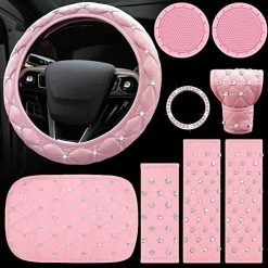 Buy ⭐ 9 Pcs Bling Car Accessories Set For ???? Women, Diamond Steering Wheel Cover, Rhinestone Center Console Pad Seat Safety Belt Pad Handbrake Cover Gear Shift Stick Protector Car Emblem Ring(Pink) ⭐