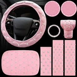 Buy ⭐ 9 Pcs Bling Car Accessories Set For ???? Women, Diamond Steering Wheel Cover, Rhinestone Center Console Pad Seat Safety Belt Pad Handbrake Cover Gear Shift Stick Protector Car Emblem Ring(Pink) ⭐ -Car Seat Covers shop 51U5PUMNccL. AC