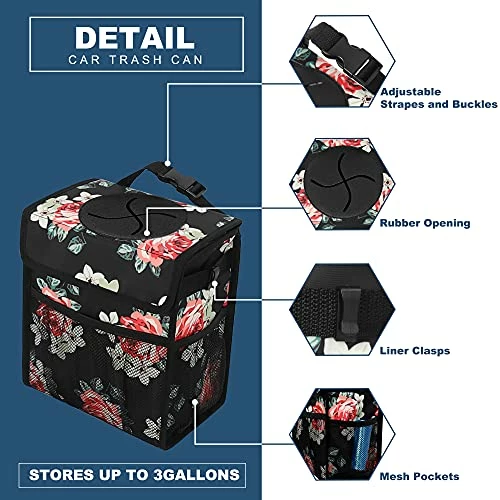 New ???? Car Trash Can Leakproof Car Garbage Can Hanging With Lid Storage Mesh Pockets Collapsible Multipurpose Car Trash Bag For Car Accessories (Flower) ⭐ 5 New ???? Car Trash Can Leakproof Car Garbage Can Hanging With Lid Storage Mesh Pockets Collapsible Multipurpose Car Trash Bag For Car Accessories (Flower) ⭐ - Image 3