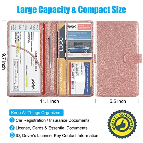 Best Pirce ???? Car Registration And Insurance Holder, Leather Vehicle Card Document Glove Box Organizer, Auto Truck Compartment Accessories For Essential Information, Driver License Cards, Glitter Rose Black Star ???? 6 Best Pirce ???? Car Registration And Insurance Holder, Leather Vehicle Card Document Glove Box Organizer, Auto Truck Compartment Accessories For Essential Information, Driver License Cards, Glitter Rose Black Star ???? - Image 4