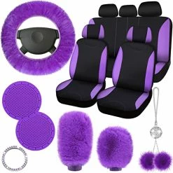 Discount ???? 17 Pcs Purple Car Seat Cover Full Set, Purple Car Seat Covers For Car Front Rear Cover Fluffy Steering Wheel Covers Soft ????