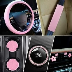 Hot Sale ???? 10 Pcs Leather Steering Wheel Cover For ???? Women Cute Car Accessories Set With Seat Belt Shoulder Pads Seatbelt Covers Cup Holders Bling Start Button Ring Sticker Air Vent Clip Car Accessories(Pink) ???? -Car Seat Covers shop 51jhrXvjiTL