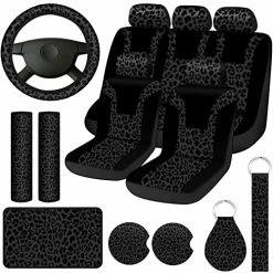 New ✨ 17 Pcs Leopard Print Car Accessories Set, Includes Leopard Seat Covers Set Leopard Steering Wheel Cover Car Coasters Armrest Pad Cover Seat Belt Pads Keychain And Wrist Strap For Car Decor (Black) ????
