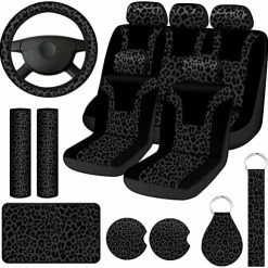 New ✨ 17 Pcs Leopard Print Car Accessories Set, Includes Leopard Seat Covers Set Leopard Steering Wheel Cover Car Coasters Armrest Pad Cover Seat Belt Pads Keychain And Wrist Strap For Car Decor (Black) ???? -Car Seat Covers shop 51nNtgdWPYL. AC