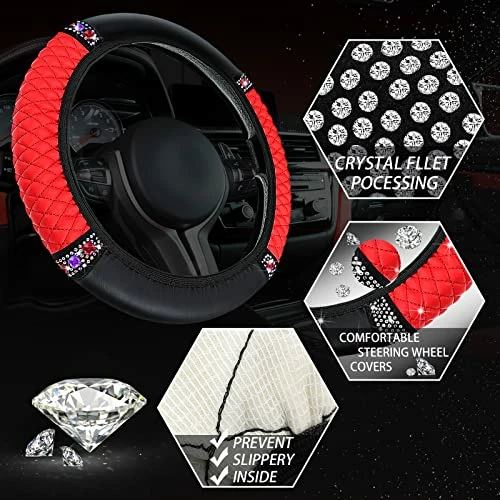 Outlet ???? Bling Car Accessories Set Leather Diamond Steering Wheel Cover Bling Seat Belt Shoulder Pad Armrest Pad Crystal Car Decor Bling Car Cup Holders Travel Auto Cup Holder For Car Interior (Black, Red) ???? 6 Outlet ???? Bling Car Accessories Set Leather Diamond Steering Wheel Cover Bling Seat Belt Shoulder Pad Armrest Pad Crystal Car Decor Bling Car Cup Holders Travel Auto Cup Holder For Car Interior (Black, Red) ???? - Image 4