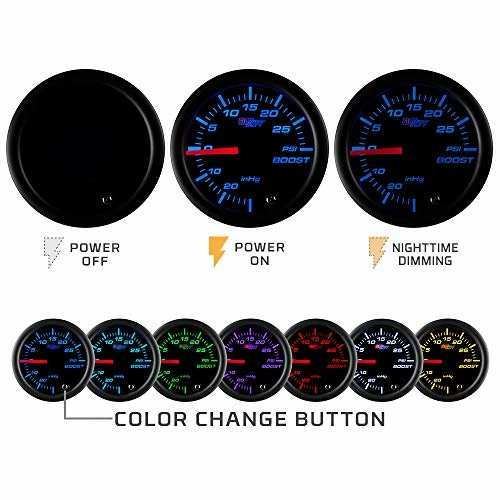 Promo ???? Tinted 7 Color 60 PSI Turbo Boost Gauge Kit - Includes Mechanical Hose & Fittings - Black Dial - Smoked Lens - For Diesel Trucks - 2-1/16" 52mm ???? 4 Promo ???? Tinted 7 Color 60 PSI Turbo Boost Gauge Kit - Includes Mechanical Hose & Fittings - Black Dial - Smoked Lens - For Diesel Trucks - 2-1/16" 52mm ???? - Image 2