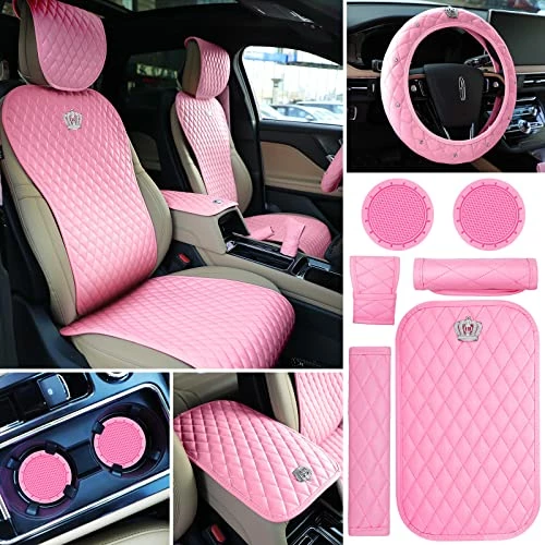 New ???? Tallew Pink Car Accessories Set Car Seat Covers Full Set Steering Wheel Cover Headrest Cover Center Console Pad Cup Cup Holders Seat Belt Pads Gear Cover For ???? Women Girl Car Interior Decor (Front Set) ???? 4 New ???? Tallew Pink Car Accessories Set Car Seat Covers Full Set Steering Wheel Cover Headrest Cover Center Console Pad Cup Cup Holders Seat Belt Pads Gear Cover For ???? Women Girl Car Interior Decor (Front Set) ???? - Image 2