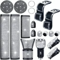 Discount ???? 19 Pcs Bling Car Accessories Set, Bling Seat Belt Covers, Bling Handbrake Cover, Bling Dual USB Car Charger, Bling Car Shift Gear Cover, Bling Car Cup Mats, Glasses Holders Start Button Ring (White) ???? -Car Seat Covers shop 6152MxCUjUL. AC