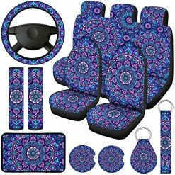 Hot Sale ???? Mandala Car Accessories Set Mandala Car Seat Cover For ???? Women Steering Wheel Cover Headrest Cover Seat Belt Cover Center Console Armrest Pad Keyring For Car Truck (Classic Style) ????