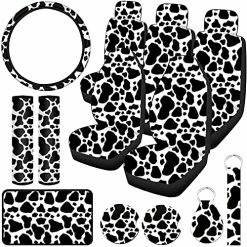 Budget ???? Cow Print Car Seat Covers Full Set For ???? Women Men Cow Print Car Accessories Set Rubber Steering Wheel Cover Car Armrest Pad Cover Seat Belt Pads Wrist Holder Keychain (Rubber) ????