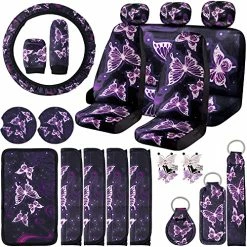 Hot Sale ???? Frienda 22 Pieces Butterfly Car Seat Covers,Butterfly Car Accessories Set Steering Wheel Cover Center Console Armrest Pad Headrest Seat Belt Cover Handbrake Gear Cover Keychain For Cars SUV (Purple) ????