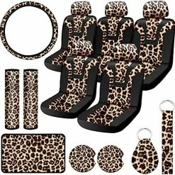 New ✨ 17 Pcs Leopard Print Car Accessories Set, Includes Leopard Seat Covers Set Leopard Steering Wheel Cover Car Coasters Armrest Pad Cover Seat Belt Pads Keychain And Wrist Strap For Car Decor (Black) ???? -Car Seat Covers shop 61zu2ZuK85S. AC
